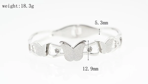 Macro detail of silver titanium butterfly bracelet featuring matte finish and inset crystals