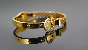 Detail eines vergoldeten Gürtelschnallen-Armbands mit Kristallen und Mesh-Kette