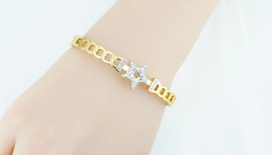 Close-up of gold titanium steel bracelet featuring a crystal-encrusted star charm