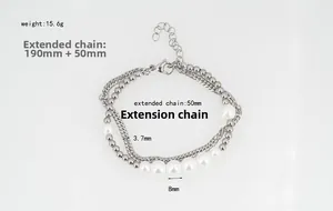 Detail of double-layer stainless steel and pearl bracelet with 190mm chain and extension