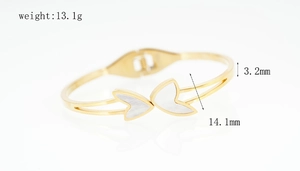 Detail showing 13.1g gold stainless steel bangle with mother of pearl butterflies