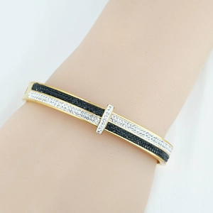 Luxury gold titanium steel bracelet with double row pavé black and white rhinestones