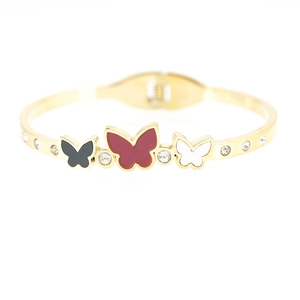 Luxuriöses Gold-Titanstahl-Armband mit bunten Emaille-Schmetterlingen und Zirkonia-Steinen