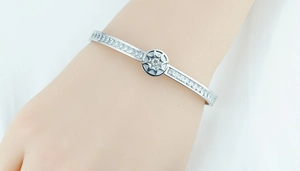Détail du bracelet en titane argenté avec incrustation de zircon et motif étoile boussole