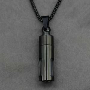 Minimalist black stainless steel cylindrical cremation urn necklace with hollowed stripes