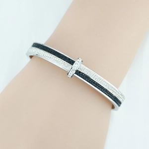 Minimalist silver-tone open bangle with double-row micro-pave black and white rhinestones