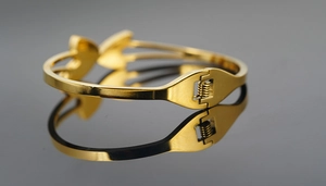 Macro detail of gold-plated bangle showing the spring mechanical clasp and hollow design