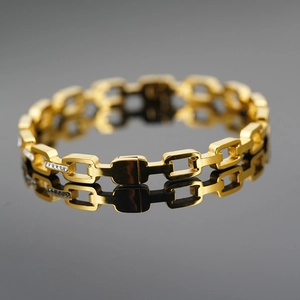 Titanium Steel Gold Plated Rectangular Chain Link Bangle With Rhinestone Inlay Geometric Minimalist Bracelet For Women Men
