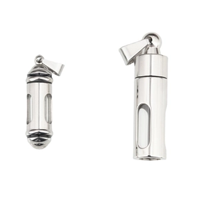 Polished stainless steel cylinder urn necklace with transparent glass window view