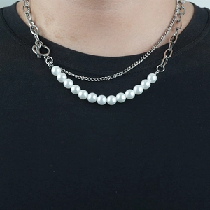 Titanium Steel Layered Necklace Bracelet Set White Imitation Artificial Pearl OT Clasp Silver Chain Jewelry For Women Men Punk Chic Jewelry