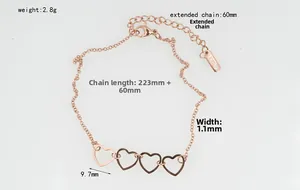 Rose gold stainless steel heart bracelet with specific length and weight details