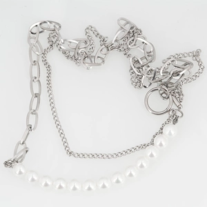 Double-layered pearl and titanium steel necklace with OT buckle for men and women