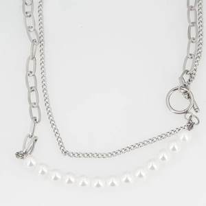 Double-layered silver metal chain necklace with white pearls and OT toggle clasp closure
