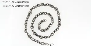 Detail view of steel Cuban chain link showing weights 47.8g 55.9g and lengths 617mm 715mm