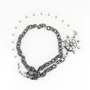Nautical style titanium steel chain necklace with white pearls and ship wheel pendant