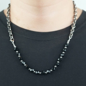 Collana a Giunzione in Acciaio al Titanio Uomo Donna Punk Industriale Catena Cubana Ossidiana Nera Occhio di Tigre Perla Artificial Sintetica
