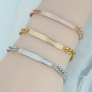 Titanium Steel Cuban Link Bracelet For Women Double Row Rhinestone Rectangular Bar Bracelet Japanese Korean Style Jewelry