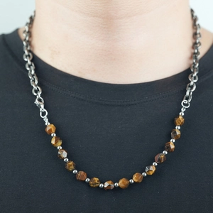 Collana cubana da uomo con pietre occhio di tigre e catena in acciaio inossidabile