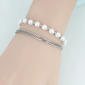 Ensemble de bracelets chaîne cubaine en acier titane et perles de nacre pour homme et femme