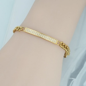 Elegant gold cuban chain bracelet featuring dual row micro-paved zircon geometric bars