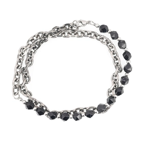 Collana a catena doppia punk con perle di ossidiana nera e acciaio inossidabile argento