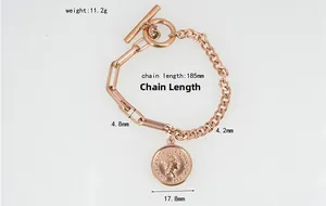 Detailed specs of rose gold chain bracelet with Elizabeth coin charm and T-bar clasp