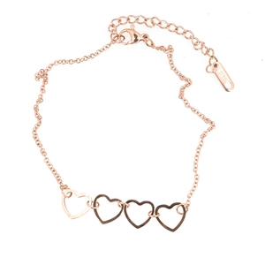 Elegant rose gold stainless steel bracelet with four hollow heart-shaped links and chain