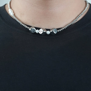 Punk Stainless Steel Dice Artificial Pearl Necklace And Bracelet Set Streetwear Titanium Steel Imitation Artificial Pearl Jewelry For Unisex