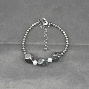 Industrial style silver cuban chain necklace with dice pendants and white pearl accents