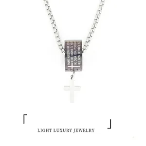 Titanium Steel Spanish Padre Nuestro Prayer Cross Pendant Necklace For Men Women Religious Punk Style Jewelry Gift