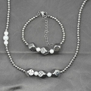 Titanium steel pearl necklace and bracelet set with silver dice pendants for men and women