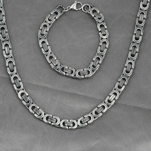 Men's titanium steel Byzantine necklace and bracelet set with retro blackened finish