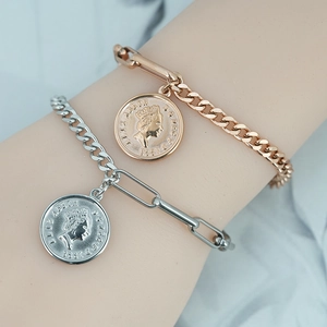 Dual-tone Elizabeth II coin charm bracelets in silver and rose gold steel finish