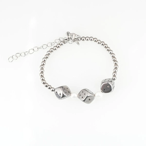 Polished silver cuban link necklace with dice charms and white pearls for men and women