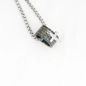 Minimalist stainless steel cross pendant necklace with engraved ring on box chain