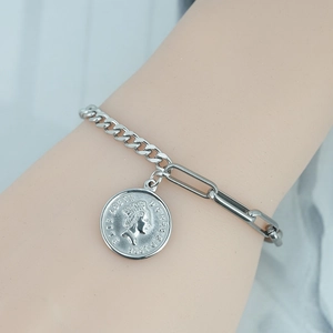 Silver stainless steel bracelet with paperclip chain and Elizabeth II coin charm