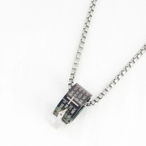 Stainless steel cylinder cross necklace with Spanish Padre Nuestro prayer engraving