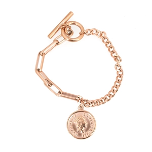 Rose gold mixed curb and paperclip chain bracelet featuring an Elizabeth coin pendant