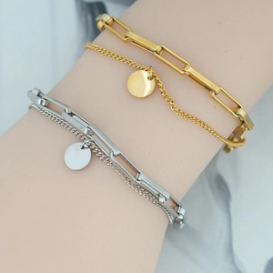 Bracelet Minimaliste à Double Couche en Acier Inoxydable pour Femmes Plaqué Or Argent Chaîne Trombone Pendentif Disque Rond Bijoux de Mode