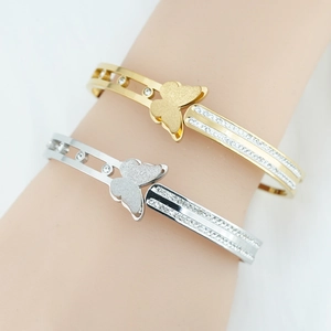 Elegant Stainless Steel Butterfly Bangle Bracelet For Women Gold Silver Plated Rhinestone Inlaid Open Hinged Bangle Jewelry Gift