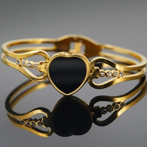 Fashion Stainless Steel Heart Bangle For Women Gold Plated Rhinestone Open Bracelet Minimalist Hollow Jewelry Daily Gift