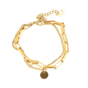 Bracelet double couche en or minimaliste avec maillons et pendentif cœur souriant