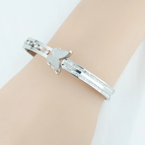 Elegant stainless steel butterfly bangle with hollow double loops and sparkling crystals