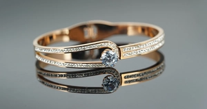 Detailed close-up of rose gold open bangle with cross design and pavé crystal setting