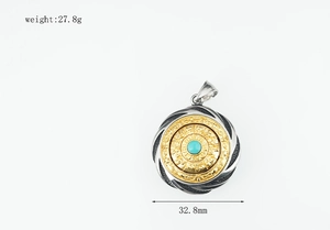 Detailed view of rotatable zodiac pendant with turquoise stone inlay and dimensions