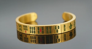 Macro shot of gold stainless steel bangle with engraved Chinese Mahjong patterns