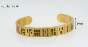 Detailed view of 10mm wide gold-plated stainless steel Mahjong pattern cuff bracelet