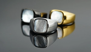 Vista macro de anillos de sello en plata, oro y gris con incrustaciones de nácar natural