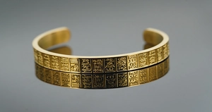 Macro shot of gold-plated open cuff bracelet with traditional Chinese character engravings