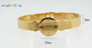 Macro detail of gold Buddhist lotus mantra bangle with size 20mm and 37.4g weight